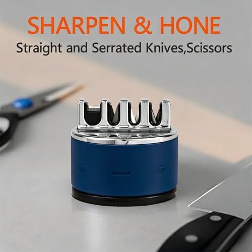 VIRO Compact Suction Kitchen Chef Knife Scissors Sharpener for Straight & Serrated Knives, 4-Stage Knife Sharpening Tool Helps Repair and Restore Blades, Blue