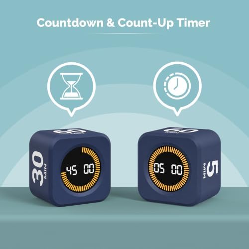 KADAMS Pomodoro Timer – Visual Cube with 5/10/30/60 Min Presets, LED Countdown Ring & Count Up Mode, Silent Flip Productivity Timer for Study, Classroom, Office, Cooking (Navy Blue 5-10-30-60)