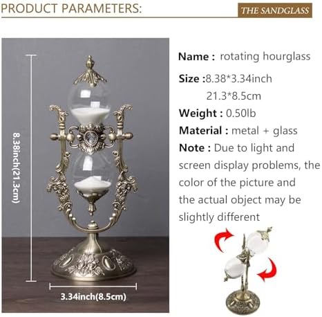 Vintage Hourglass Timer, 15 Minutes,Desk Decor,Embossed White Sand Metal Glass Hourglass Timer,Used for Home and Office Decoration,8.38inch Tall. (Brass)