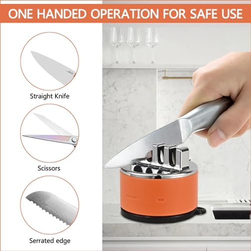 VIRO Compact Suction Kitchen Chef Knife Scissors Sharpener for Straight & Serrated Knives, 4-Stage Knife Sharpening Tool Helps Repair and Restore Blades (Orange)