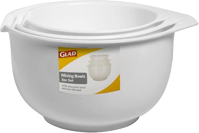 Glad Mixing Bowls with Pour Spout, Set of 3 | Nesting Design Saves Space | Non-Slip, BPA Free, Dishwasher Safe Plastic | Kitchen Cooking and Baking Supplies, White