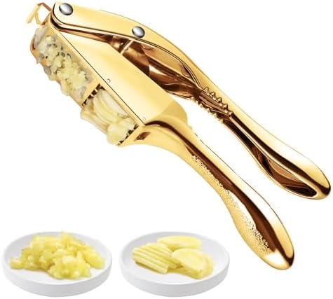Garlic press and slicer 2 in 1,Effortlessly Crush, Slice, and Mince Garlic,with this Versatile Kitchen Tool - Perfect for Home Cooks and Professional Chefs Alike. (Golden)