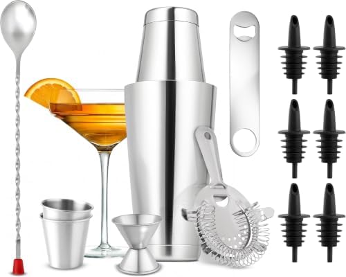 NutriChef Mixology Bartender Cocktail Shaker Set-Includes 15&30 oz Stainless Steel Shakers,6 Bottle Pourers&More-Essential Martini Making Kit-Drink Mixing Set-15 Piece Cocktail Bar_Set (Pack of 12)