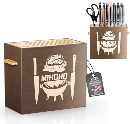 Wood Universal Knife Block with Slots, Wood Knife Holder/Knife Organizer, Unique Knife Storage for Counter Top with Anti-Slip Base (Walnut D)