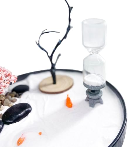 Desktop Zen Garden with Refillable Hourglass and Koi Fish – Miniature Japanese Rock Garden Kit with Sand, Rake, and Accessories – Stress Relief Desk Decor for Home & Office