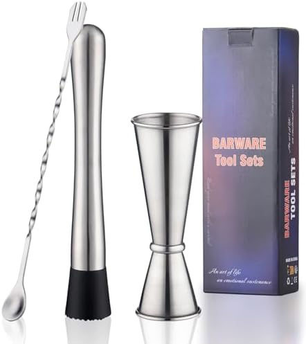 Muddler for Cocktails, 10 Inches Bar Spoon, 1 oz 2 oz Double Jigger- Premium 3 Piece Silver Mixing Tools Set for Drinks