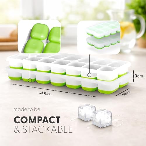 KEPLIN 2pk Silicone Ice Cube Trays with Non-Spill Lids, Easy to Remove Tray, LFGB Certified BPA Free, Flexible Silicone Ice Cube Moulds, Parties, Drinks, Cocktails & Frozen Liquids (Green)