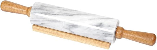 Creative Home Natural Marble Rolling Pin with Wooden Handles and Cradle, 18-Inch rolling pins for baking, Heavy Cool Surface, Dough Roller for Pastry, Pie, Pizza, Cookies, Off white