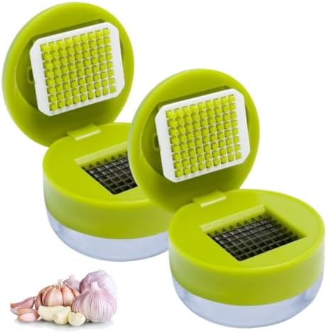 2 Pcs Mini Garlic Chopper and Press with Container, 2026 New Garlic Press Stainless Steel, Mini Garlics Chopper Mincer Tool for Shredded Ginger, Fruit Home Camping Use