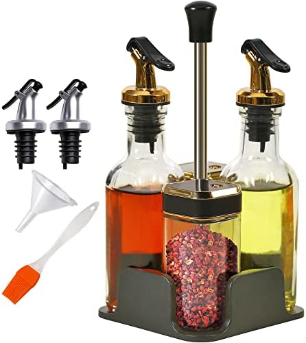 Oil and Vinegar Dispenser Set with Caddy, Glass Bottle Seasoning Pepper Salt Dispenser Oil Spouts Oil Funnel Brush Kit