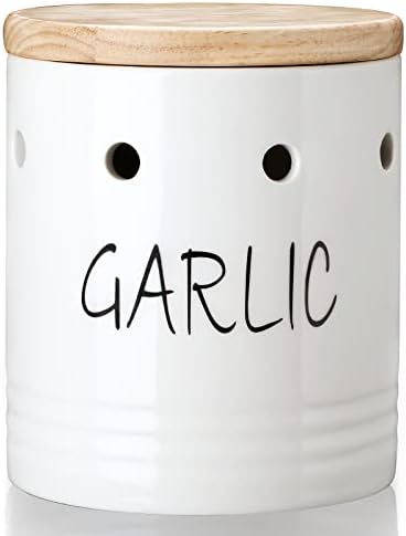 Ceramic Garlic Keeper with Wood Lid, Garlic Container for Counter Easy to Clean,Garlic Saver to Keep Your Garlic Cloves Fresh Longer,Farmhouse Garlic Holder Storage Container, 4.5 inch (White)