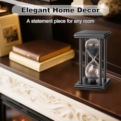 15 Minute Hourglass Timer, Wooden Stand Sand Timer Clock, Black Sand Watch 15 Min, Antiguo Reloj De Arena, Large Unique Hour Glass Sandglass for Home Desk Office (Black)