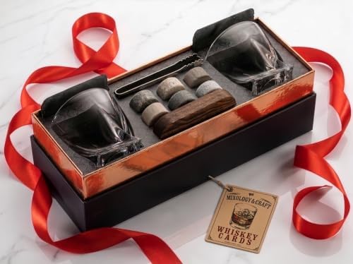 Mixology & Craft Whiskey Stones Gift Set for Men | Whiskey Glass and Stones Set with a Classy Gift Box and 6 Granite Round Whiskey Stones | Whiskey Lovers Gifts for Men, Dad, Husband, Boyfriend