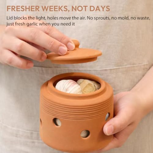 Garlic Keeper for Counter, Garlic Storage Container with Lid, Terracotta Garlic Holder to Keep Garlic Fresher Longer, 4.3 inches