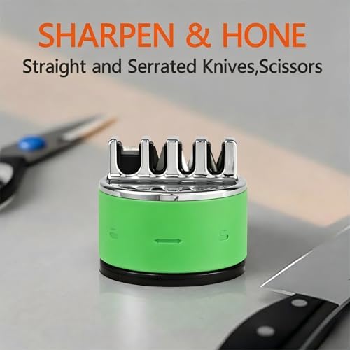 VIRO Compact Suction Kitchen Chef Knife Scissors Sharpener for Straight & Serrated Knives, 4-Stage Knife Sharpening Tool Helps Repair and Restore Blades, Grass Green
