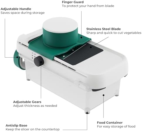 linoroso Adjustable Mandoline Food Slicer 5 in 1, Mandoline Slicer for Kitchen with Container, Vegetable Chopper Shredder Wave Cutter for Potato, Carrot, Zucchini, Grindder for Cheese Lemon