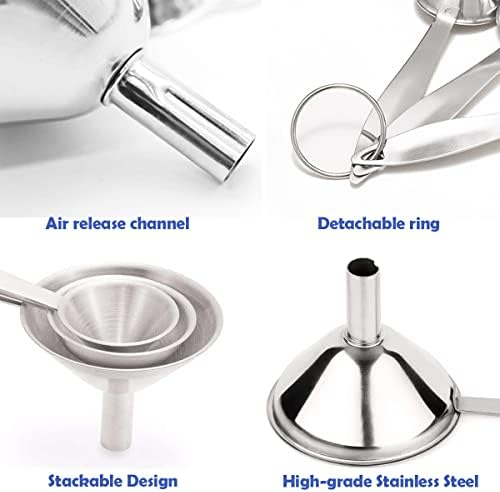 Small Funnels for Filling Bottles, 3 Pcs Stainless Steel Kitchen Funnel Set, Food Grade Mini Metal Funnel for Transferring Oil Liquid, Easy Cleaning with a Brush (Long Handle)