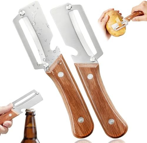 Left & Right Hand Vegetable Peeler Set with Bottle Opener, Thickened Stainless Steel Wide Blade for Smooth Peeling, Wooden Handle Kitchen Peeler for Fruits & Vegetables