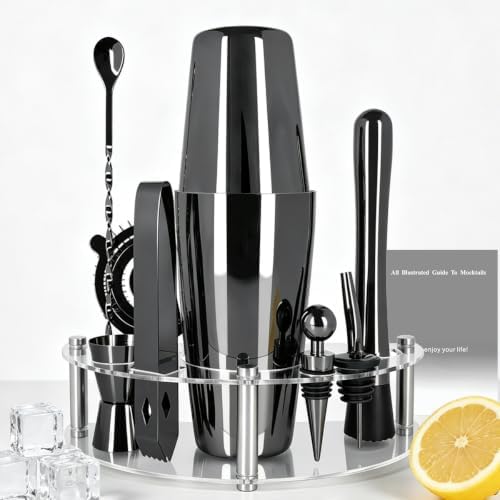 9-Piece Cocktail Shaker with Stand, 25oz Bartender Kit, Cocktail Shaker with Strainer Set, Boston Shaker Set, Bar Set Jigger for Bartending Drink Mixer Set, Cocktail Set Recipes (Black-25/20oz)