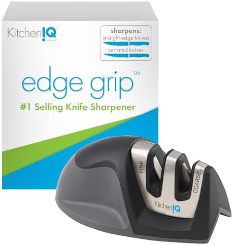 KitchenIQ 50009 Edge Grip 2-Stage Knife Sharpener, Black, Coarse & Fine Sharpeners, Compact for Easy Storage, Stable Non-Slip Base, Soft Grip Rubber Handle, Straight & Serrated Knives