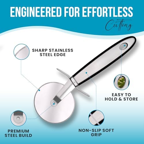 Pizza Cutter Wheel for Kitchen, 26 cm Long, Stainless Steel