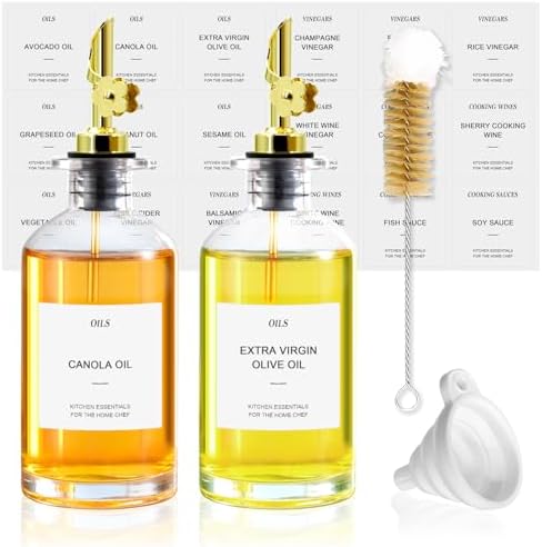 Olive Oil Dispenser Bottle for Kitchen - 350ml Glass Oil & Vinegar Cruet Set with Pour Spout (Set of 2) - Includes Cleaning Brush & Funnel - Leakproof Transparent Dispenser Bottles