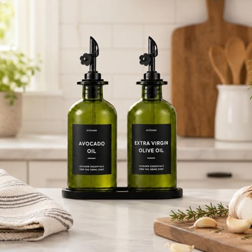Olive Oil Dispenser for Kitchen, 2-Pack 12oz Glass Bottle with Black Labels
