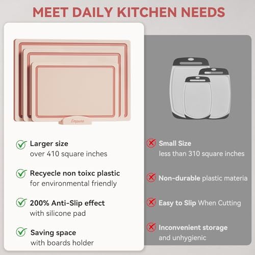 Empune 3-Piece Plastic Cutting Boards for Kitchen - Thick & Non-Slip Chopping Board Set with Juice Grooves, Dishwasher Safe, BPA Free, Includes Large & Small Sizes, Pink