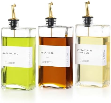 Olive Oil Dispenser Bottle for Kitchen, 3 Pack Glass Oil and Vinegar Dispenser Set, Elegant Design, Durable, Leak-Proof, Easy-Pour Spouts, Perfect for Kitchen, Dining Table, 17oz Golden