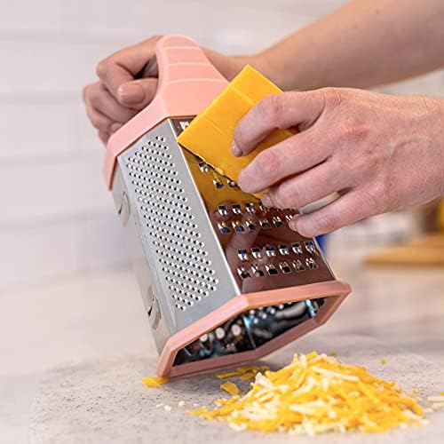Beille 6 Side Stainless Steel Grater Top Handle Zester Slicer 7.75 Inch, Pink