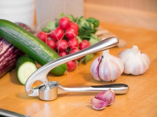 wenco 17cm Chrome Plated Zinc Die-Cast Garlic Press with Ergonomic Handle, Silver/Black, Heavy Duty Stainless Steel Look Kitchen Tool