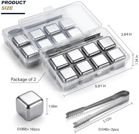Reusable Stainless Steel Whiskey Ice Cubes 16 Pack with Storage Tray & Anti-Slip Tongs, Metal Chilling Stones No Dilution for Bourbon Scotch Cocktails Home Bar Accessories