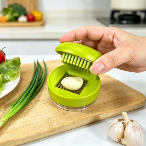 Mini Manual Garlic Twister and Crusher, Handheld Mini Garlic Chopper and Press with Container, Garlic Chopper Dicer Slicer with Stainless Steel Blades，1