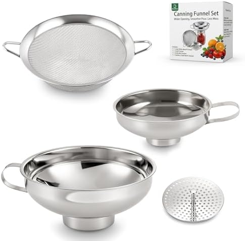 4-in-1 Canning Funnel Set, Stainless Steel Wide Mouth & Regular Funnels with Extended Stable Spout, Umbrella Strainer & Mesh Filter, Food-Grade Kit for Large Food, Jars, Oil, Kitchen Use