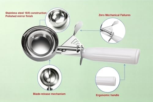 TOPKITCHEN Commercial-Grade Ice Cream Scoop 5.33 oz, 18/8 Stainless Steel Cookie Scoop with Plastic Handle, Portion Control Disher Scoop for Bakeries,Restaurants & Dessert Shops, #6, White