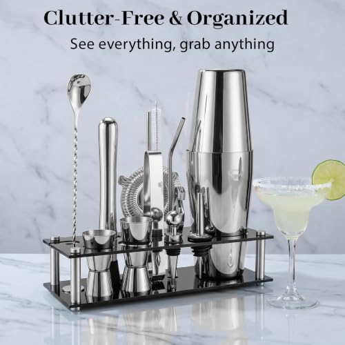 Boston Cocktail Shaker Set, 18 oz & 28 oz 2-Piece Tins, 304 Bartender Kit 15-Piece Bar Tool Set with Acrylic Stand & Recipe Book, for Novices & Pros, Home and Bar Use (Silver)