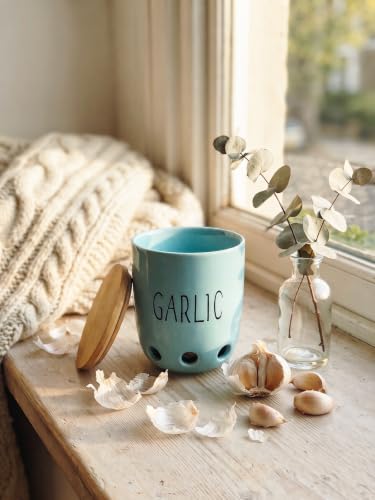 Ceramic Garlic Saver Container with Wood Lid (Turquoise)