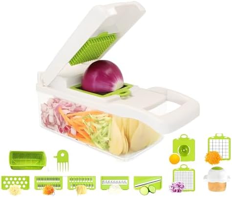Blade All-in-One Vegetable Chopper, Mandoline Slicer, Dicer, Grater & Cutter – Compact, Durable, Easy-to-Use for Precise Meal Prep (White/Green)