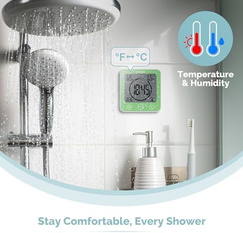 KADAMS Shower Clock Waterproof Bathroom Timer – Digital Wall Clock with Countdown, Magnetic Kitchen Clock with Temperature & Humidity, Suction Cup for Kids Shower Spa Cook Bath (Green)