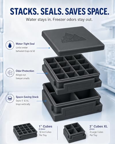 Party Set, 3-Piece Premium Silicone Ice Cube Trays with Watertight Design, Any-Which-Way No-Spill Stackable Freezer Mold for Cocktails, RV, Baby Food & Odor-Free Ice (Charcoal, Slate Black)
