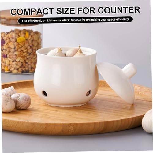 Garlic Keeper for Counter Ceramic Garlic Holder with Lid Breathable Holes Storage Container for Kitchen Countertop Holder