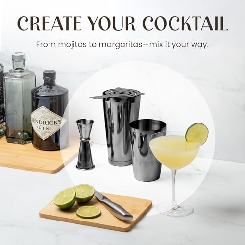 Mixology & Craft Boston Shaker Set with Weighted Martini Shakers | Cocktail Shaker Set Includes Strainer and Japanese Jigger | Great Gift Bar Set with Exclusive Recipe Cards | Leak-Proof (Gun-Metal)