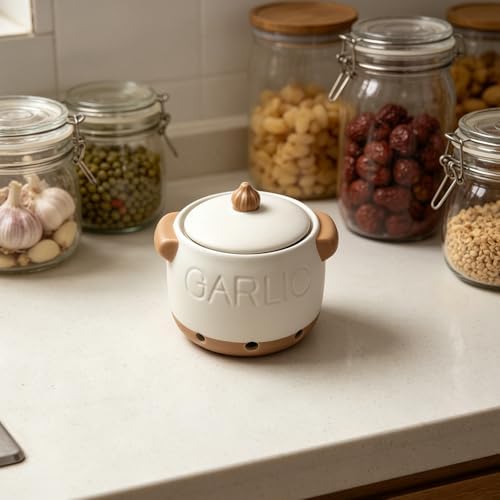 5.1' White Ceramic Garlic Keeper with Lid & Vent Holes for Counter