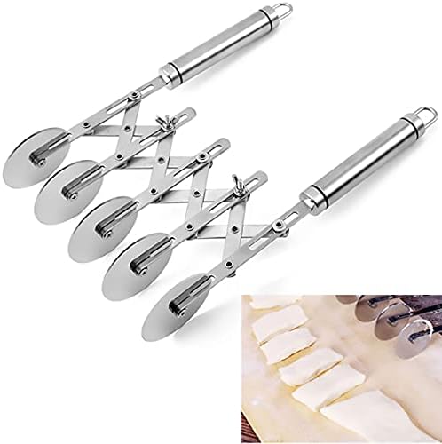 5 Wheel Pastry Cutter with Handle, Stainless Steel Adjustable Pizza Slicer Multi-Round Dough Cutter Roller, Fondant Ribbon Cutter, Pasta Maker, Noodle Cutter, Ravioli Cutter Wheel
