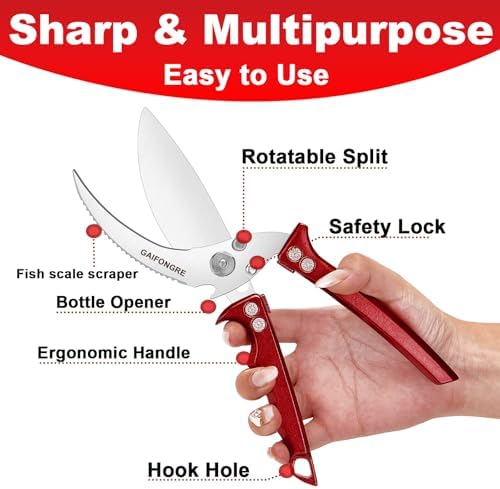 Heavy Duty Poultry Scissors - All Purpose Kitchen Shears for Chicken, Fish & Meat - Easily Separable, Dishwasher Safe (Red)