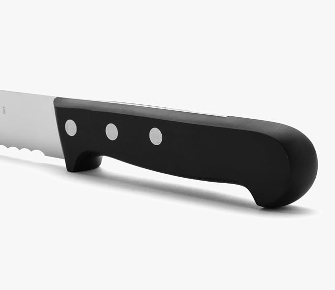 Arcos Bread Knife 10 Inch Nitrum Stainless Steel and 250 mm blade. Obtain a great variety of cuts for your food. Ideal knife for daily domestic use. Series Universal. Color Black.