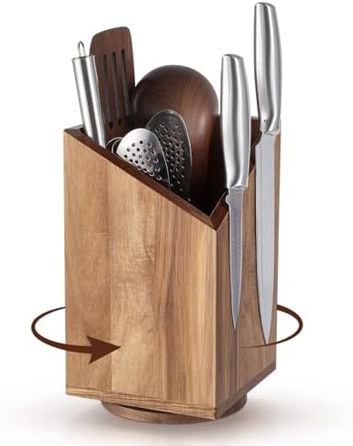 Magnetic Knife Block Without Knife Wood Utensil Holder 360° Rotatable Magnetic Knives Holder Organizer 9.65 x 5.5 Inches Universal Magnet Organizer Large Acacia Wood Kitchen Farmhouse Countertop Cook