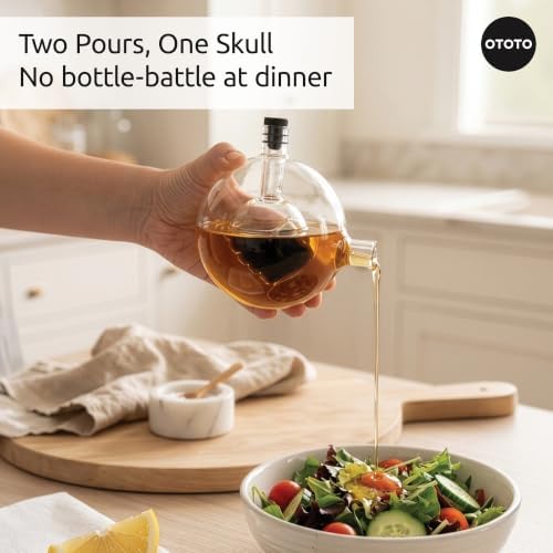 OTOTO 2-in-1 Glass Oil and Vinegar Cruet - Skull Oil Dispenser and Vinegar Bottle, Salad Dressing Dispenser, Bread Dipping, Spooky Kitchen Gifts, Unique Kitchen Gadgets (Skully-Olio)
