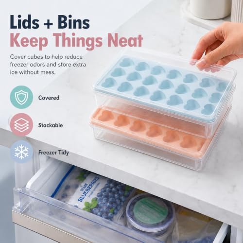 2 Pack Heart Shpaed Ice Cube Trays with Lids, 42 Holes Silicone Heart Ice Cube Molds for Whiskey, Cocktail, Fun Shapes Ice Cubes, Chocolate, Candle, Candy, Jelly, Jello - with Lids Bins