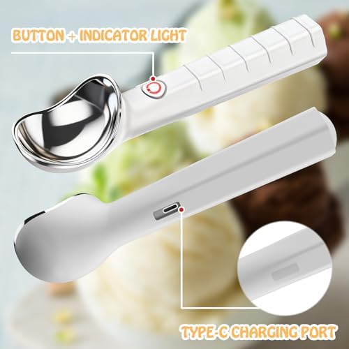 Heated Ice Cream Scoop Rechargeable Ice Cream Scooper with ON/OFF Safety Switch, Ergonomic Nonstick Grip Handle for Gelato, Sorbet, Cookie Dough, Melon, Frozen Yogurt & More (White)